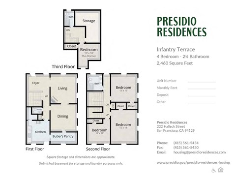 A floor plan for a Presidio Residence with a living room, dining room, kitchen, and bedrooms.
